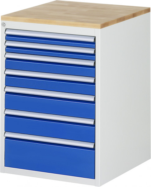 Schubladenschrank mit 7 Schubladen Größe L und Buche-Top B 580 x T 650 x H 825 mm