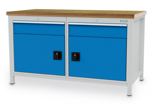 Kastenwerkbank B 1500 x T 750 x H 859 mm mit 2 Schubladen und Flügeltüren R 24-24