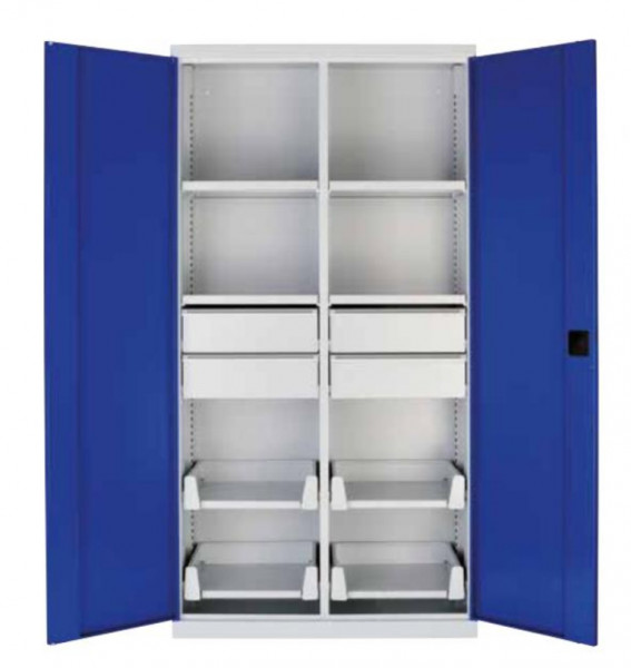 Schwerlastschrank mit 4 Fachböden, 4 Auszugsböden und 4 Schubladen H 1950 x B 1000 x T 540 mm